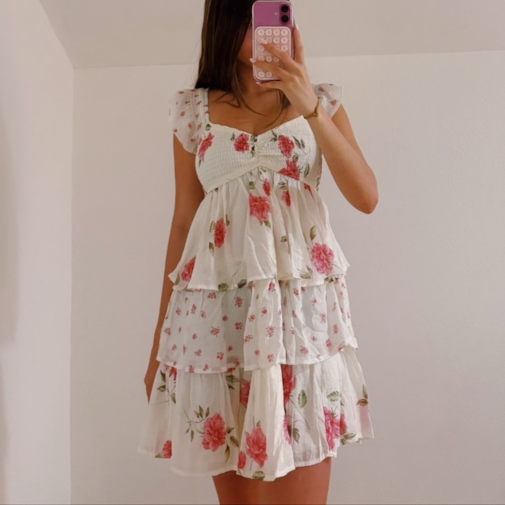 Floral Tiered Mini Dress with ruffle sleeves
